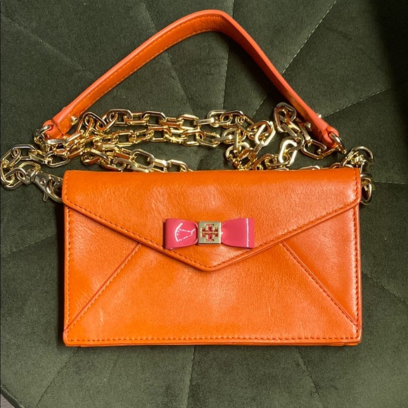Tory Burch Handbags - Tory Burch Orange Pink Envelope Clutch with Chain